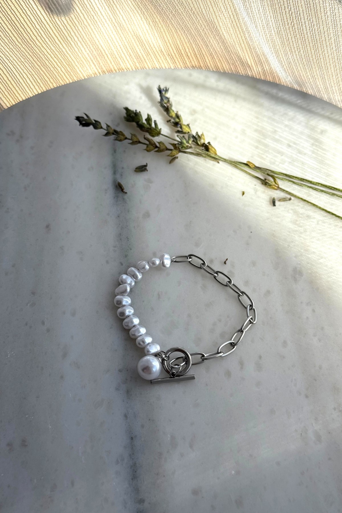 İnci Detaylı Silver Çelik Bileklik
