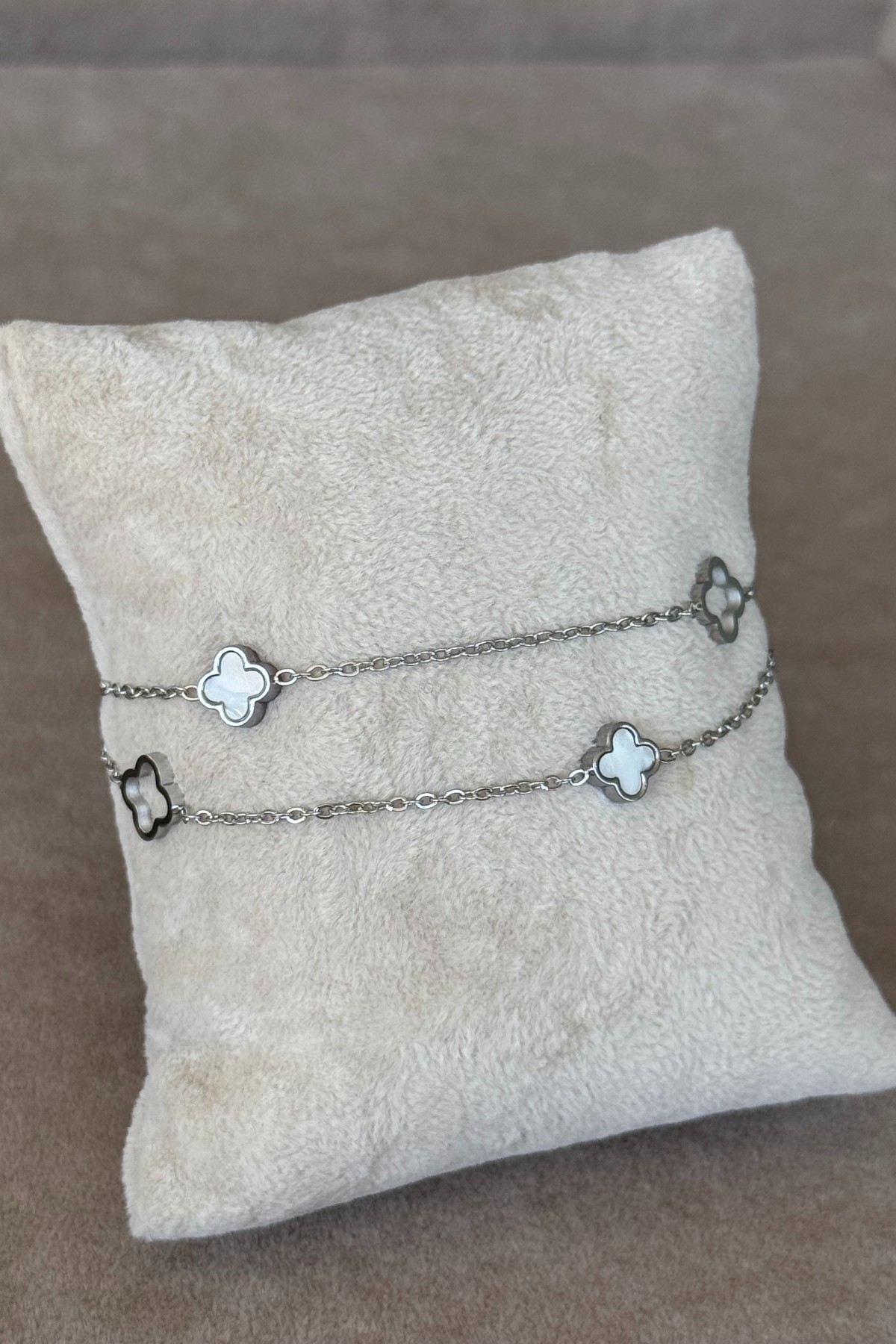 İkili Silver Yonca Detay Çelik Bileklik